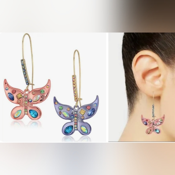 Betsey Johnson NEW Pastel Pink Purple Butterfly Iridescent Rhinestone Earrings - Picture 1 of 12